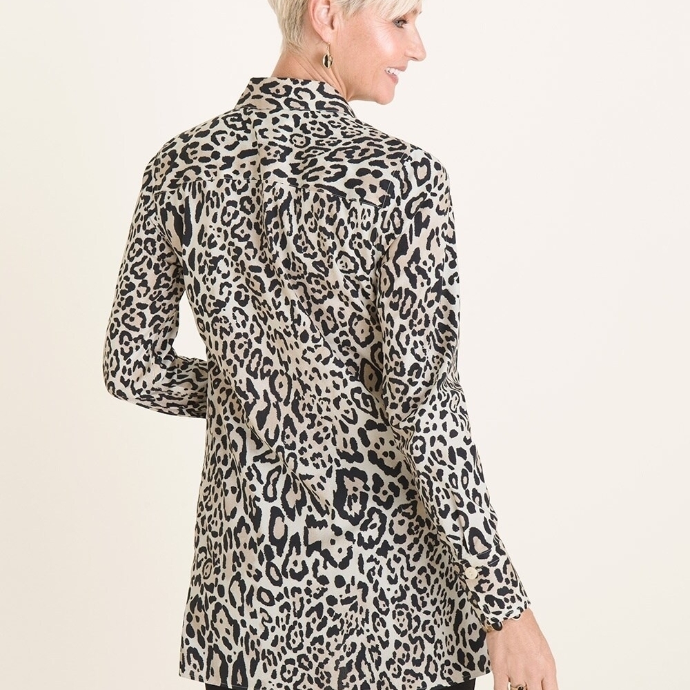 Chicos Tunic Leopard Print Long Sleeve Button Down Shirt